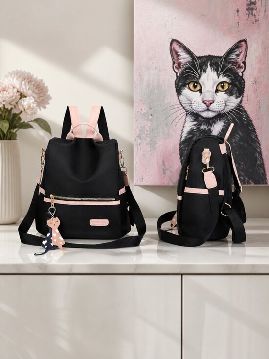 Anti-Theft Convertible Oxford Nylon Backpack Black Pink Cat Charm 3-Way Carry main image 11